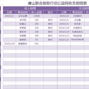 2019年1月唐山联合救助行动公益网收支明细表